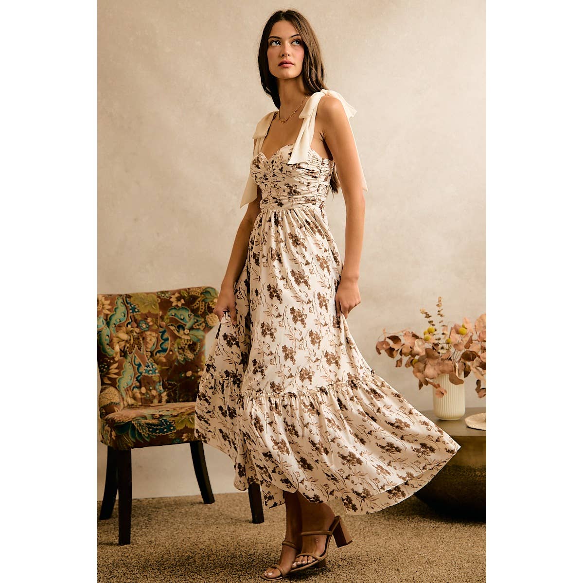 Floral Print Ribbon Strap Bustier Dress