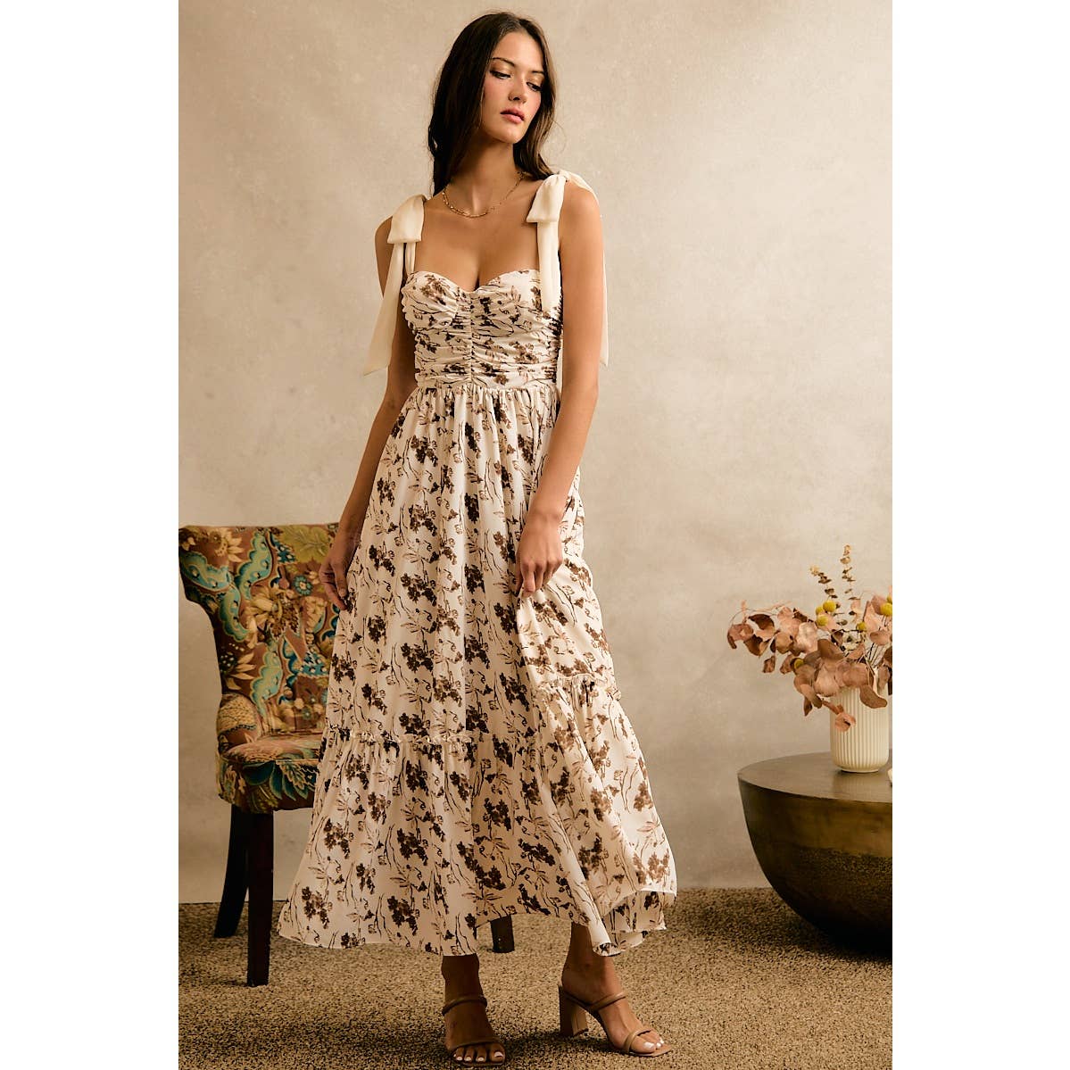 Floral Print Ribbon Strap Bustier Dress