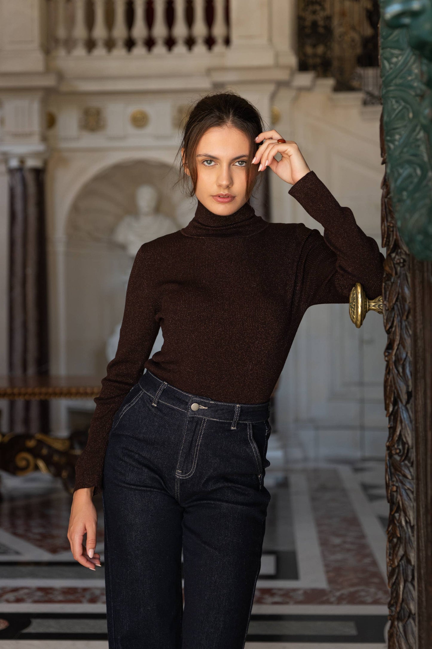 Ribbed turtleneck sweater in wool and lurex