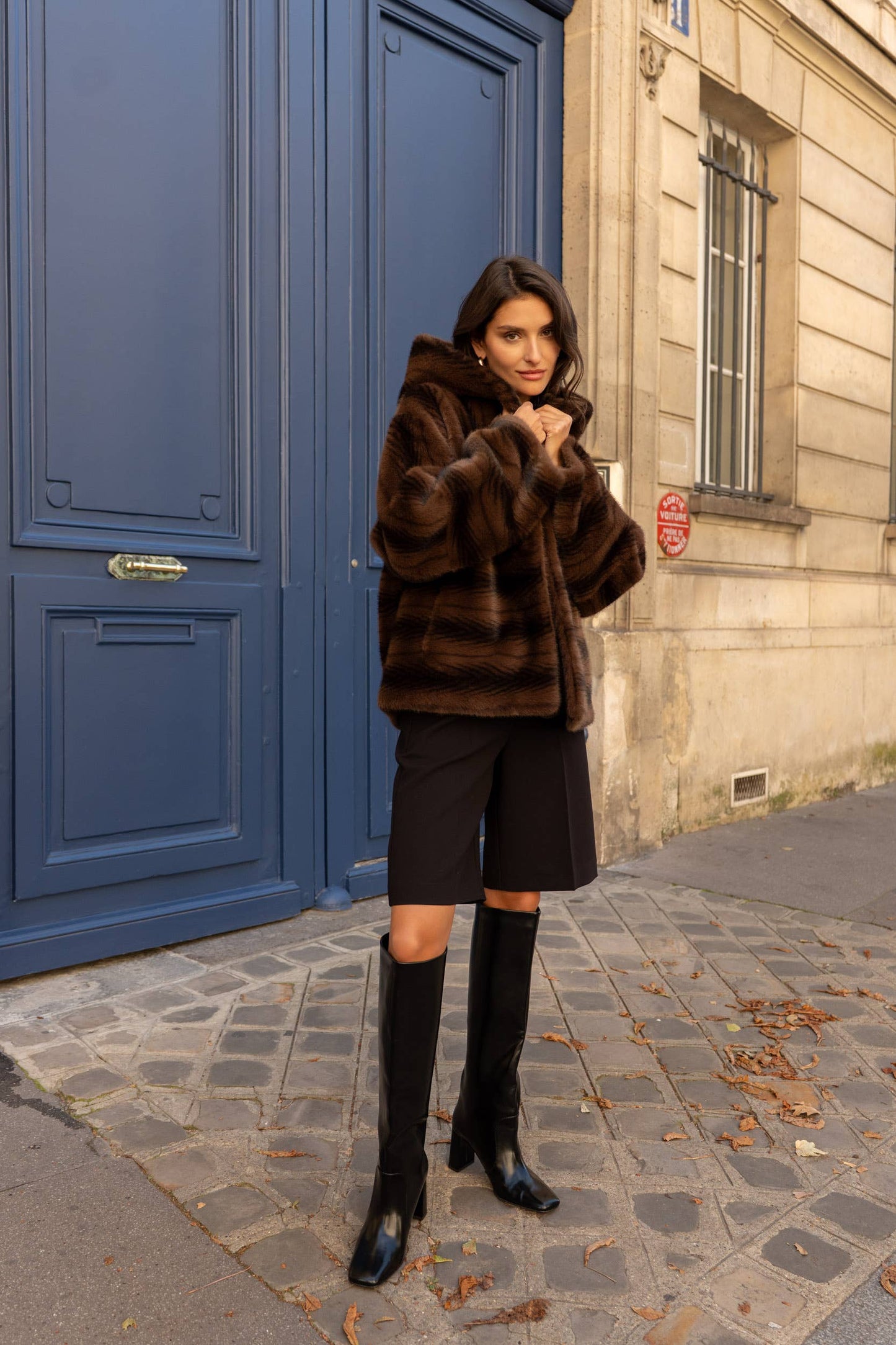 Short Vegan Fur Coat with Herringbone Pattern and Hood