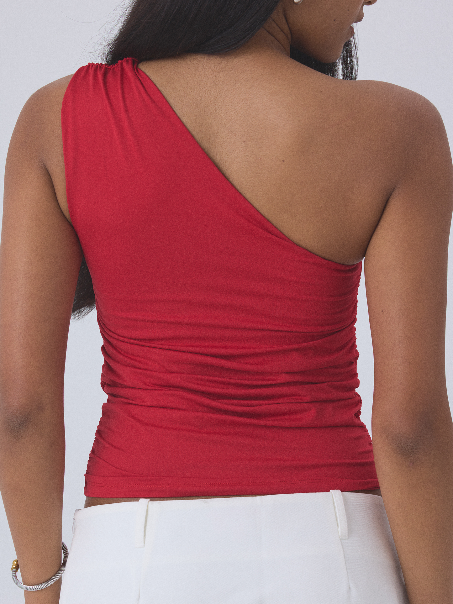 Klassy Solid Ruched One Shoulder Tank Top