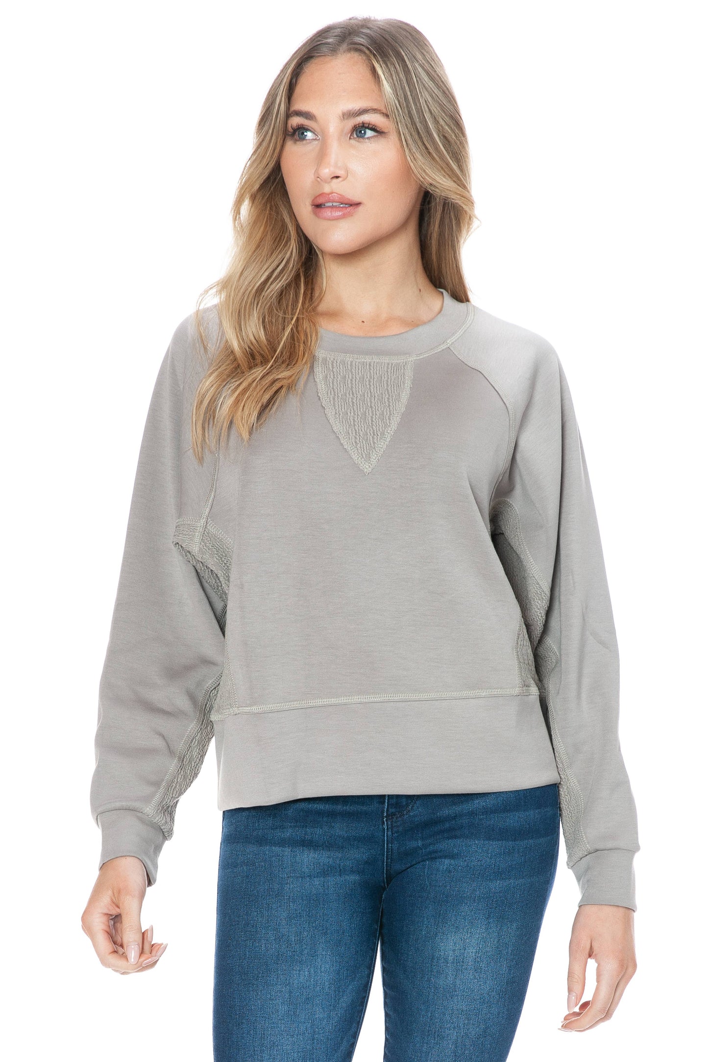 Long Sleeve Crew-Neck Mix Media Scuba Top