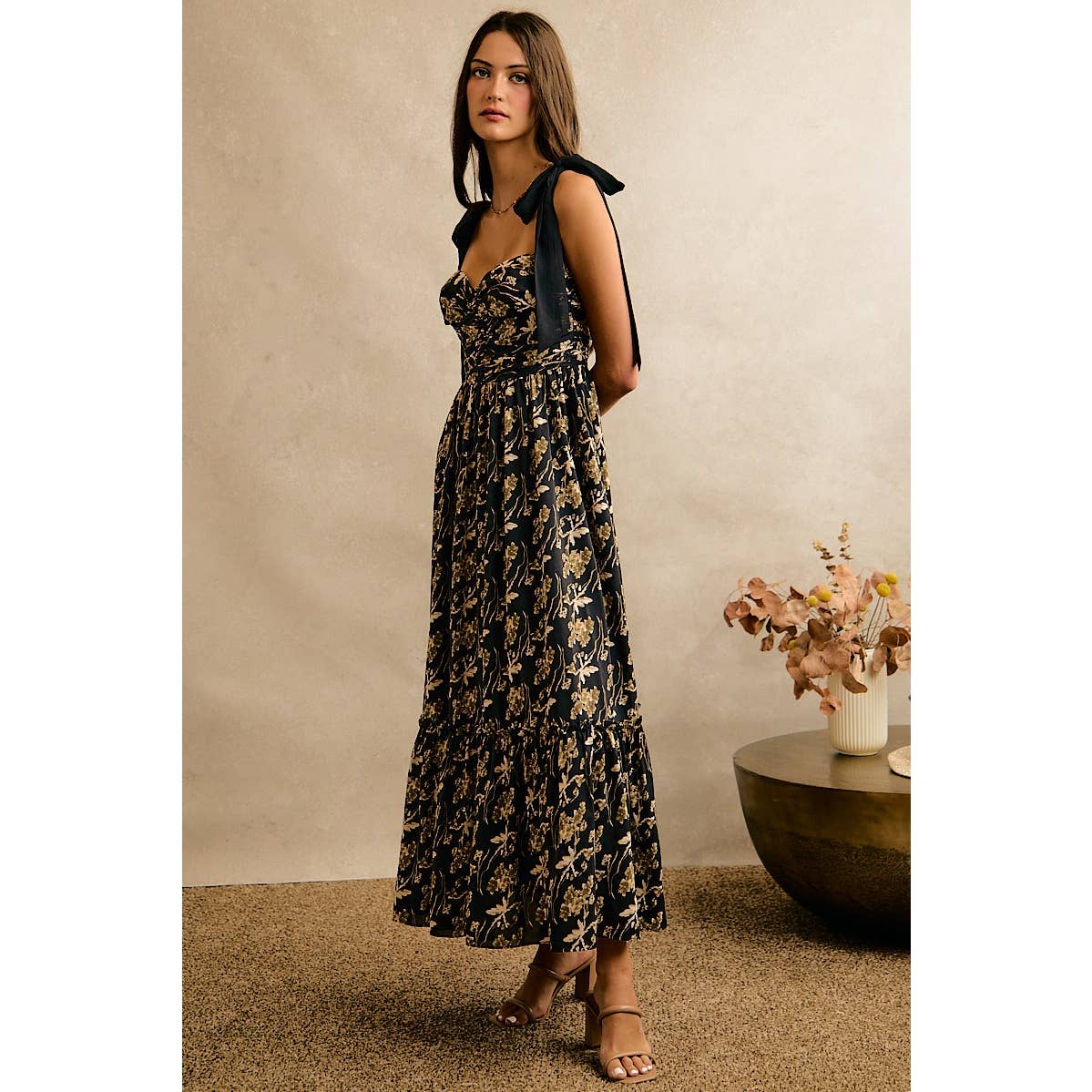 Floral Print Ribbon Strap Bustier Dress