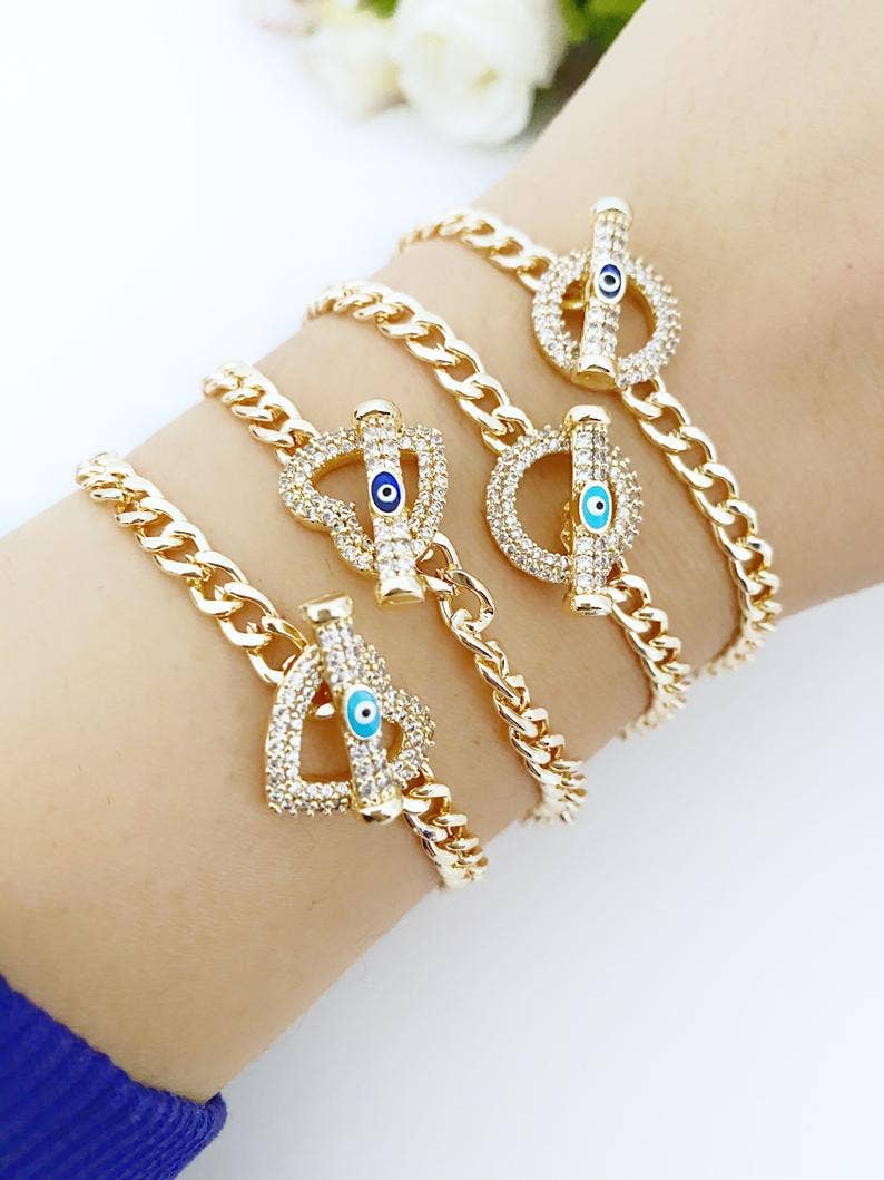 Evil Eye Toggle Bracelet, Gold Chain Bracelet, Heart Charm Bracelet