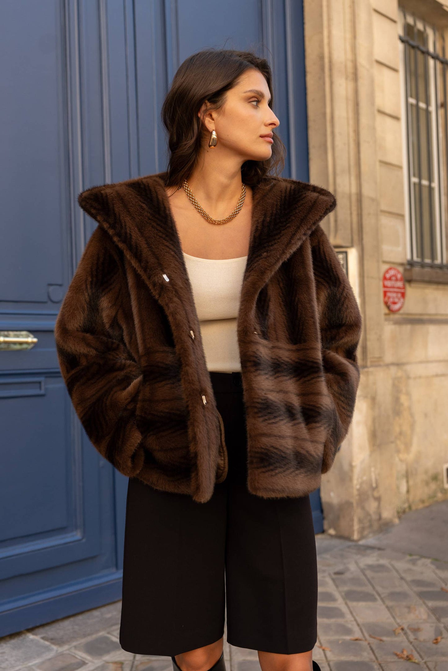 Short Vegan Fur Coat with Herringbone Pattern and Hood