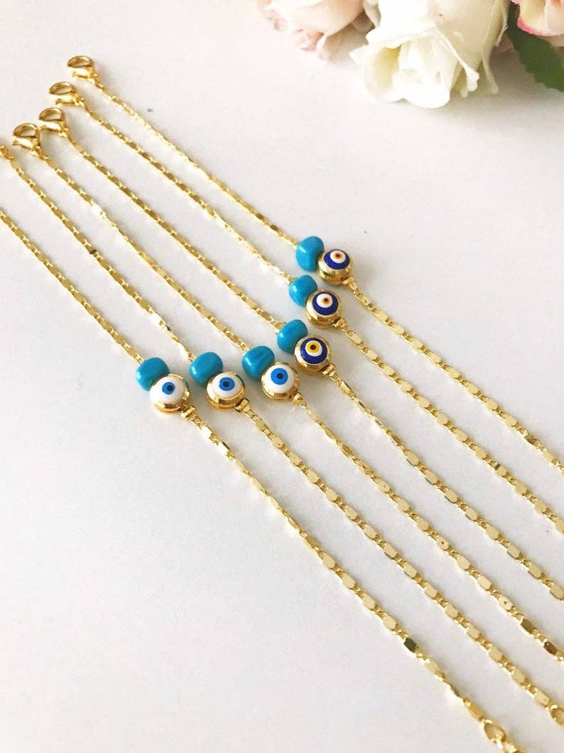 Gold Chain Bracelet, Evil Eye Bead, Blue White Evil Eye Bead, Greek Jewelry