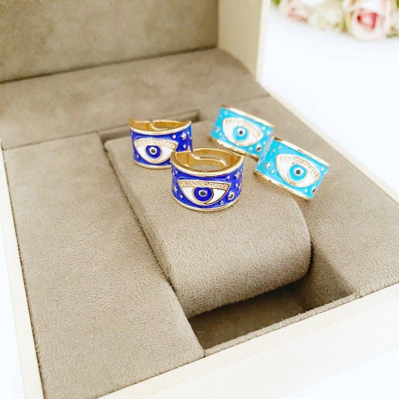 Evil Eye Ring, Wide Band Ring, Gold Ring, Blue Evil Eye Ring, Evil Eye Jewelry