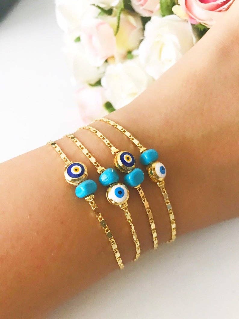 Gold Chain Bracelet, Evil Eye Bead, Blue White Evil Eye Bead, Greek Jewelry