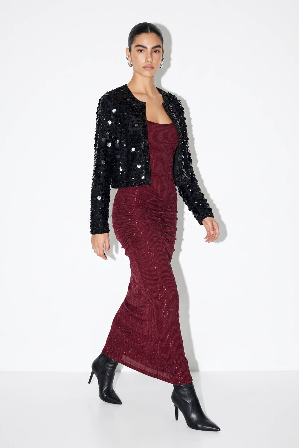 Holiday Shimmer Ruched Backless Maxi Dress