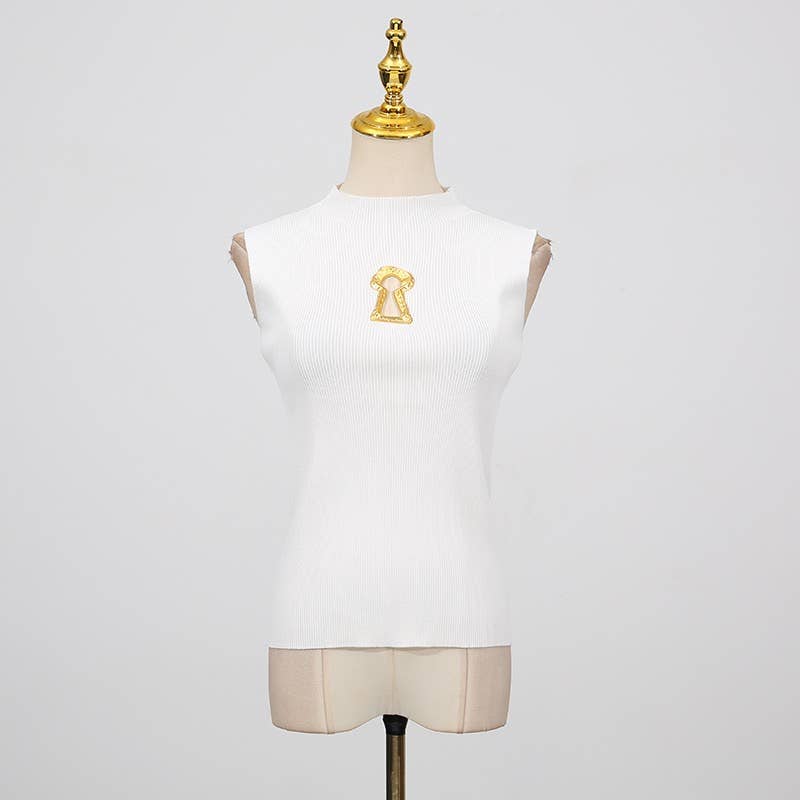High Neck Sleeveless Vest with Keyhole Accent