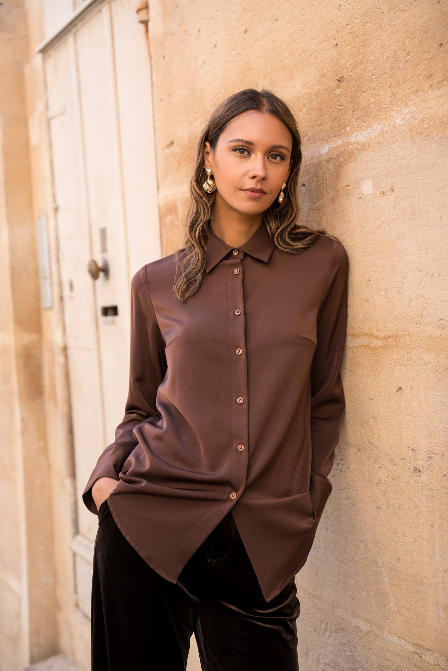 Satin Shirt with Classic Notched Collar