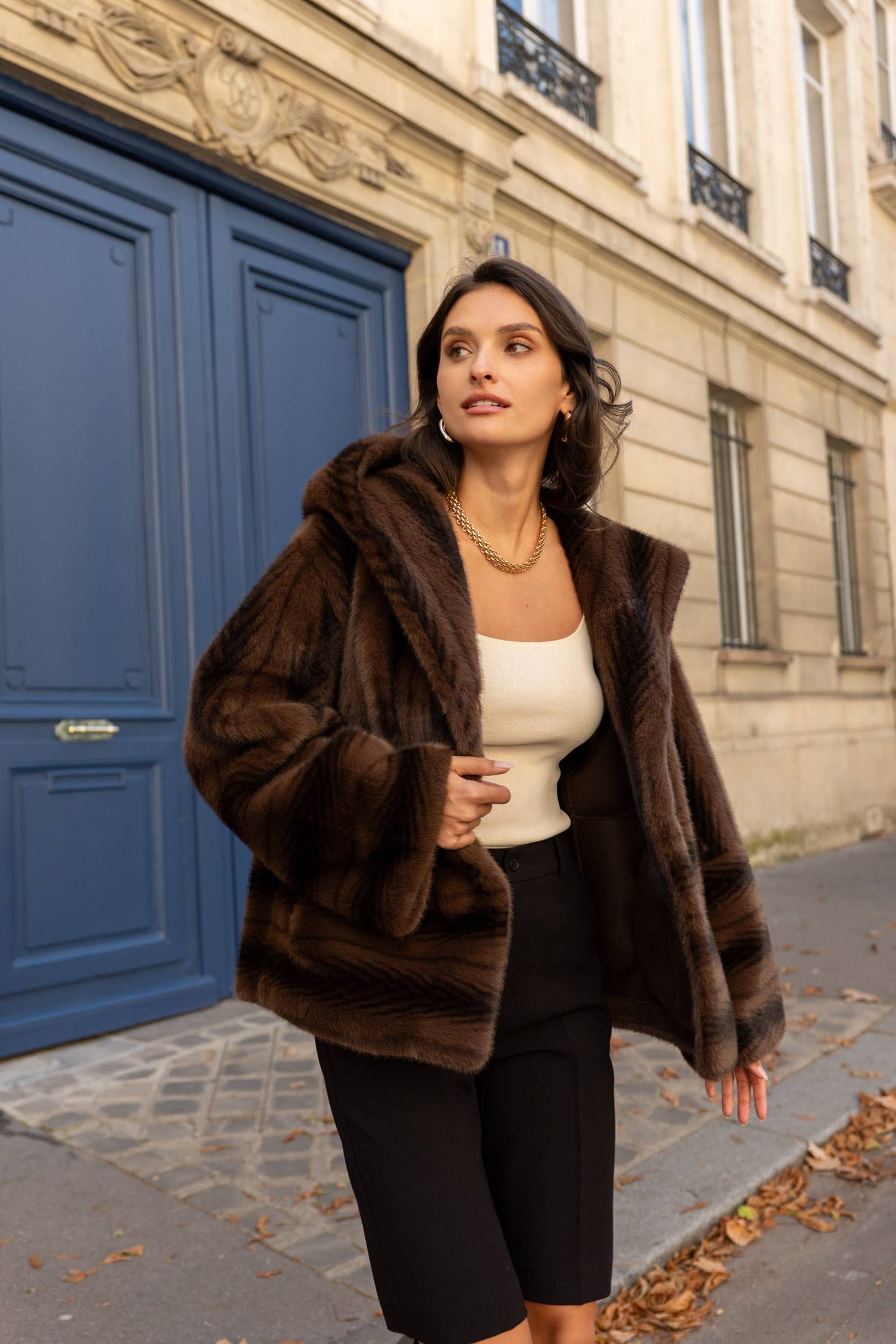Short Vegan Fur Coat with Herringbone Pattern and Hood