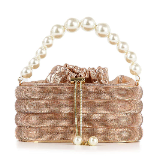 Pearl Accented Striped Rhinestone Evening Bag