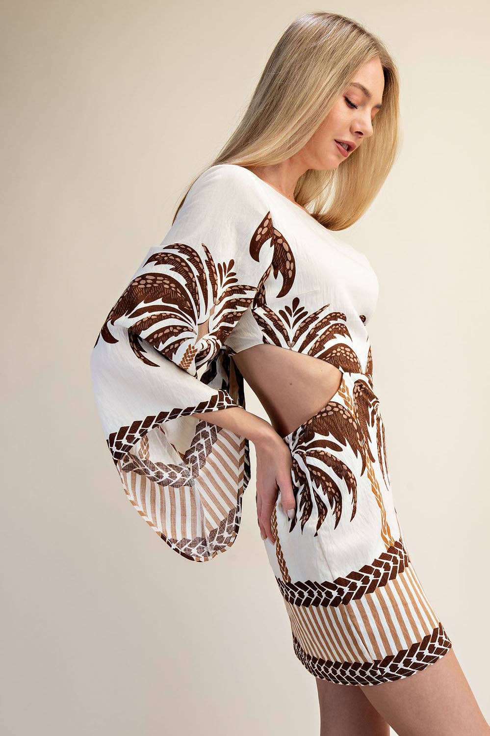 Open Back Long Sleeve Palm Tree Print Mini Dress