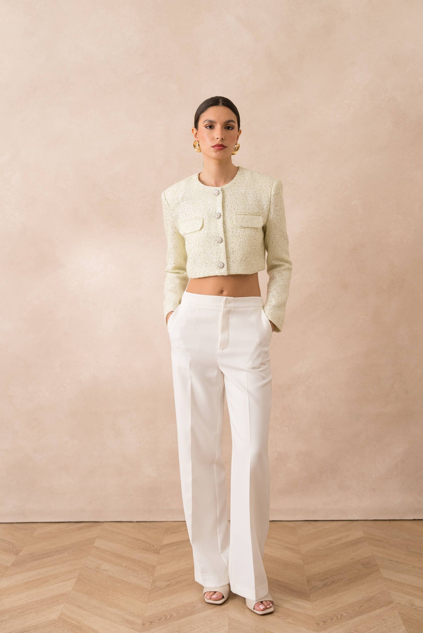 Short sequin tweed collarless jacket