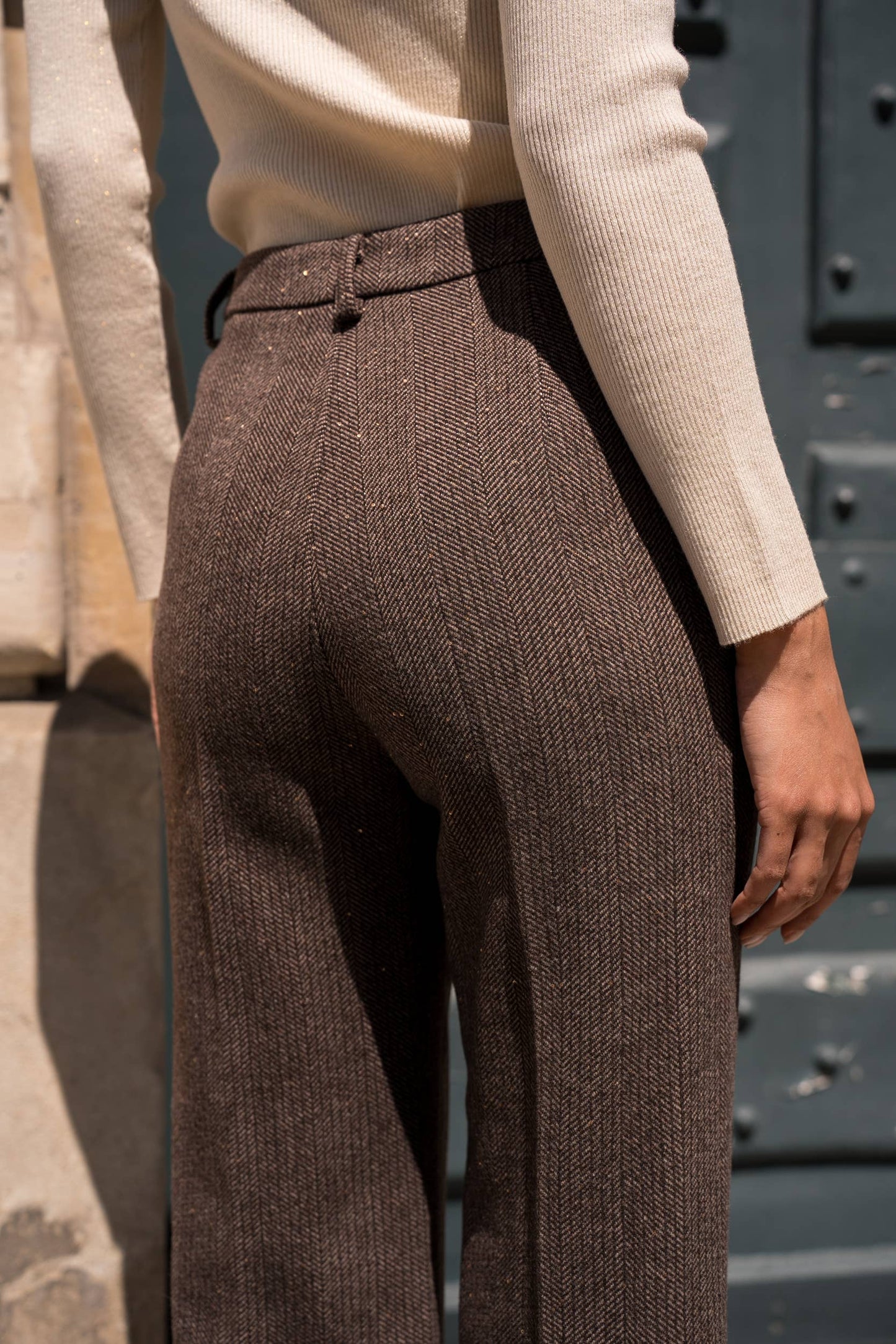 Straight Long Trousers in Herringbone Wool Blend