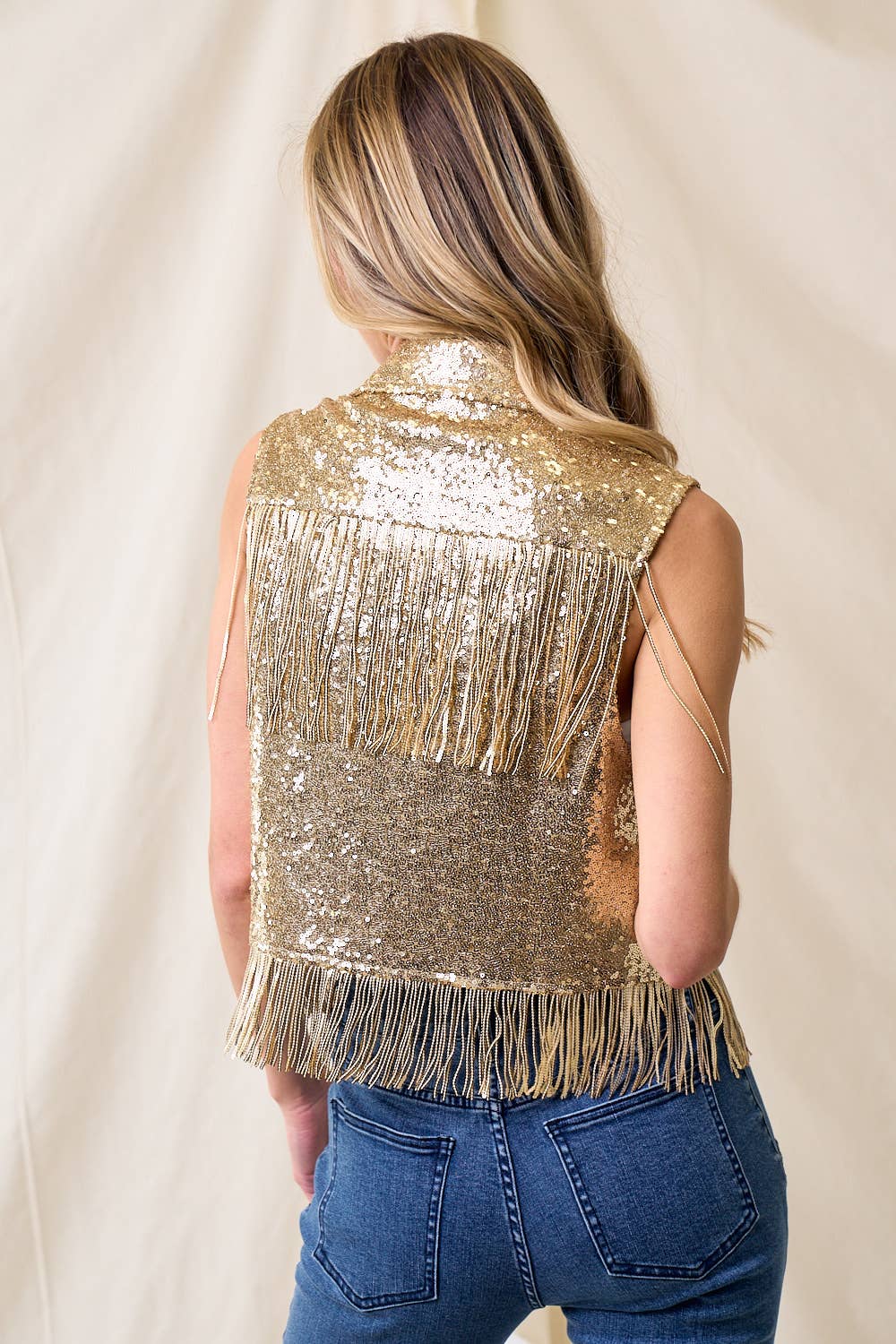 GOLD SEQUIN VEST WITH FRINGE WESTERN