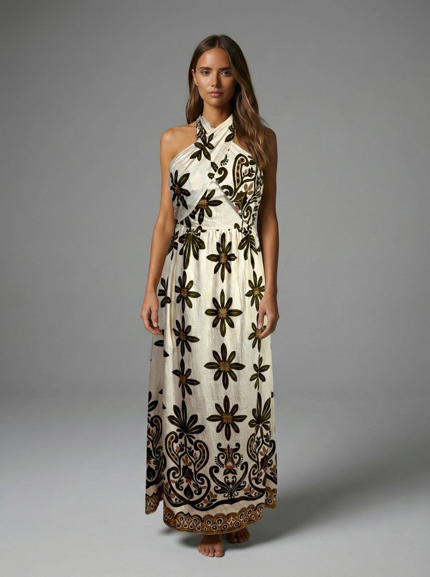 Meet Me In Santorini Olive Veil Halter Maxi Dress