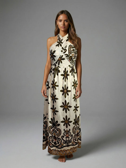 Meet Me In Santorini Olive Veil Halter Maxi Dress