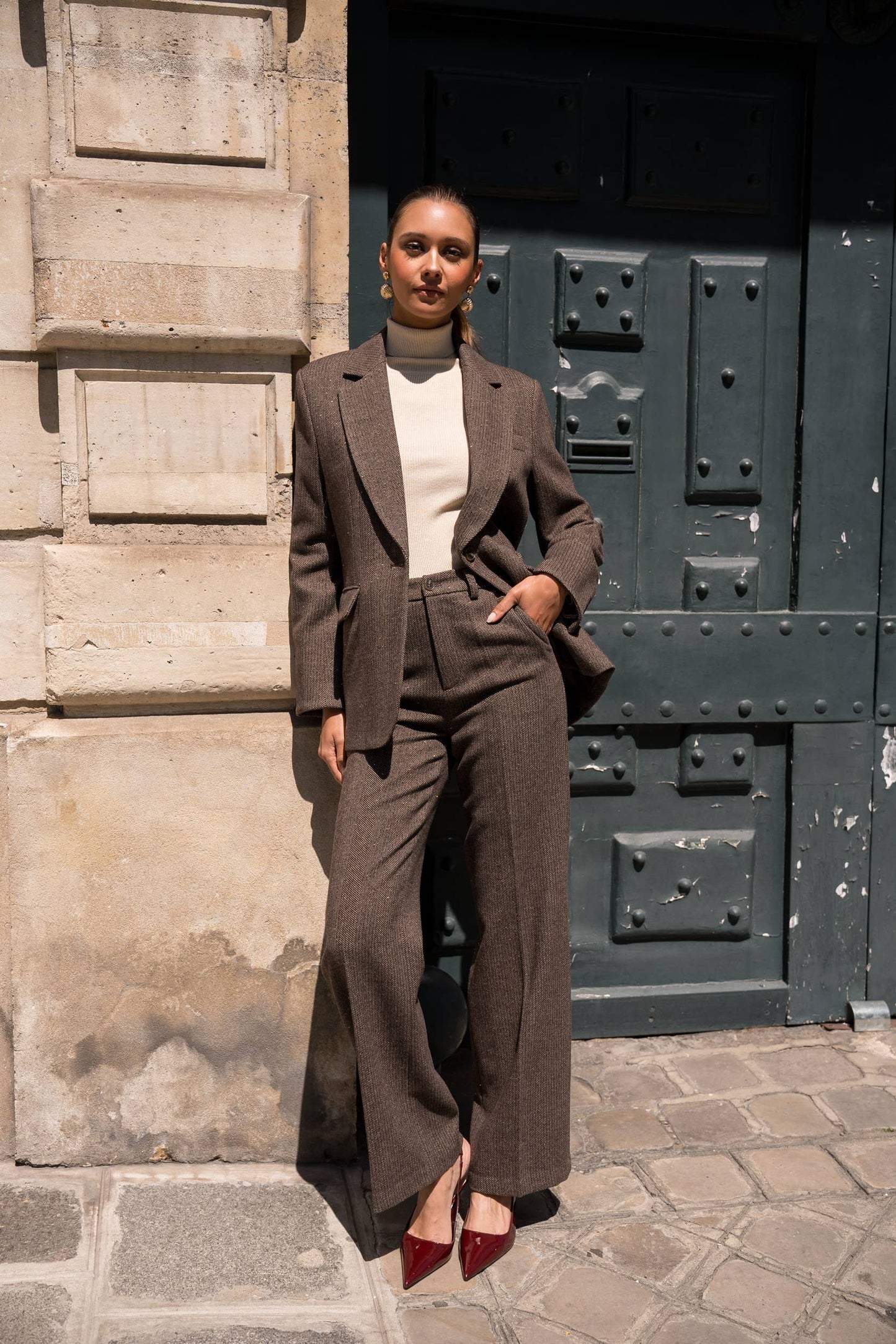 Straight Long Trousers in Herringbone Wool Blend