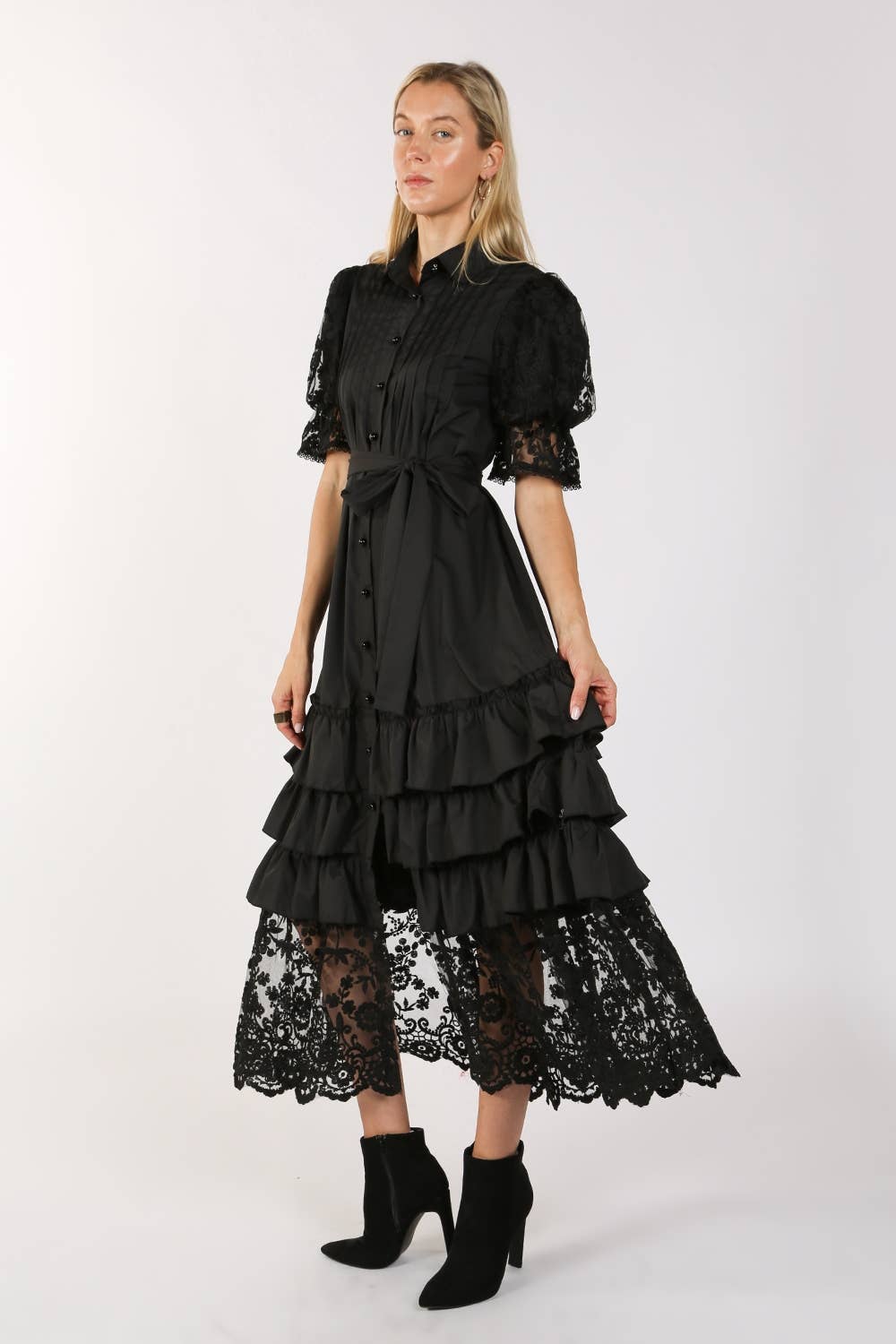 Mixed-Media Lace Tiered Shirt Dress