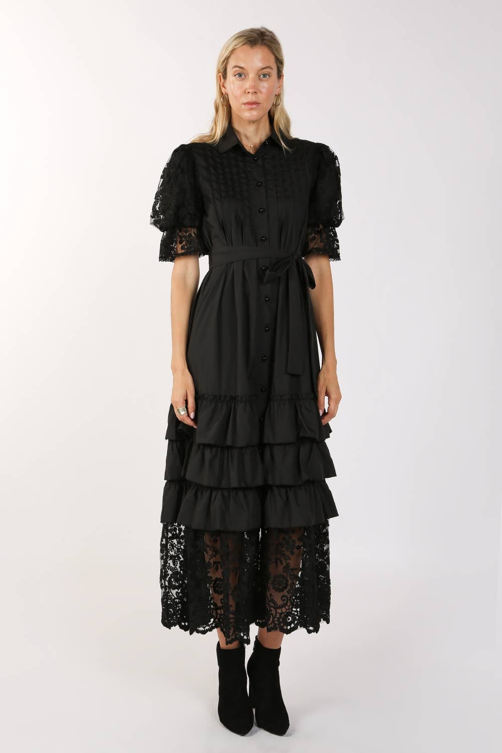 Mixed-Media Lace Tiered Shirt Dress