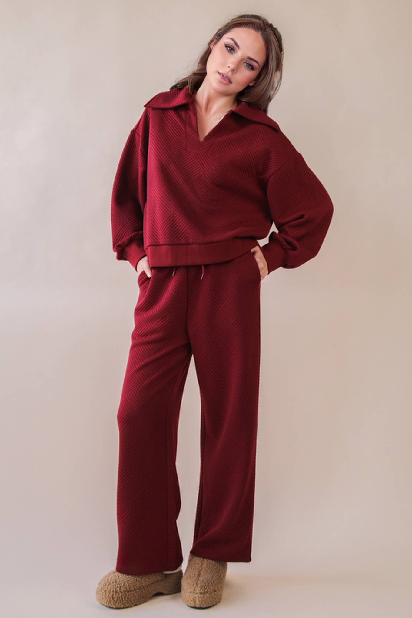 Textured Knit Casual Comfy Top & Pants Set