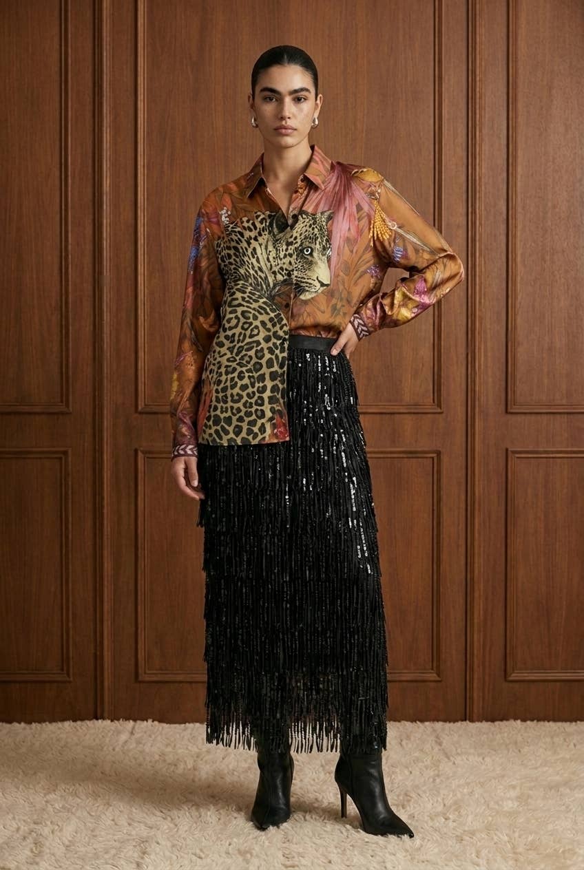 Engineered Leopard Motif Satin Button-Down