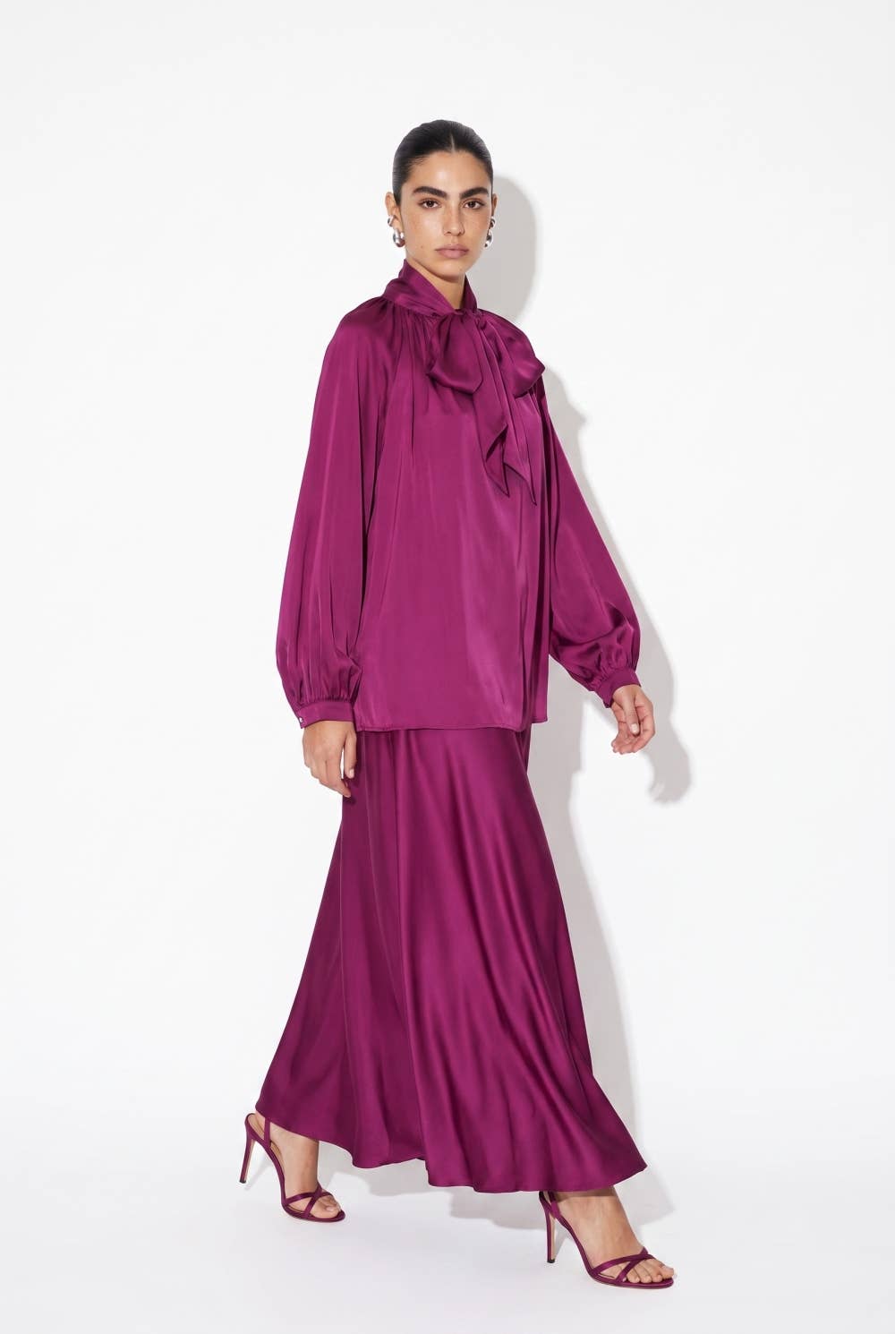 Satin Bow-Tie Blouse and Maxi Skirt Set
