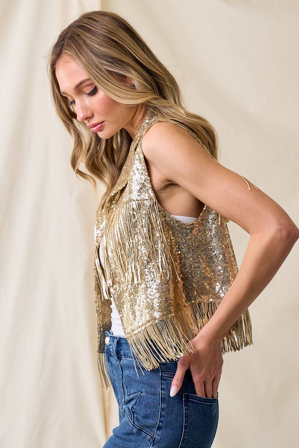 GOLD SEQUIN VEST WITH FRINGE WESTERN