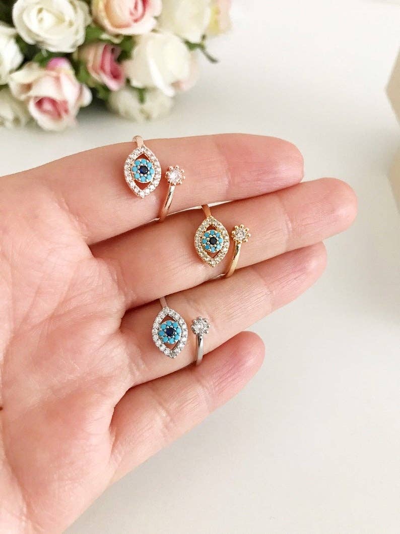 Adjustable Evil Eye Ring, Zircon Evil Eye Ring, Rose Gold Silver Ring