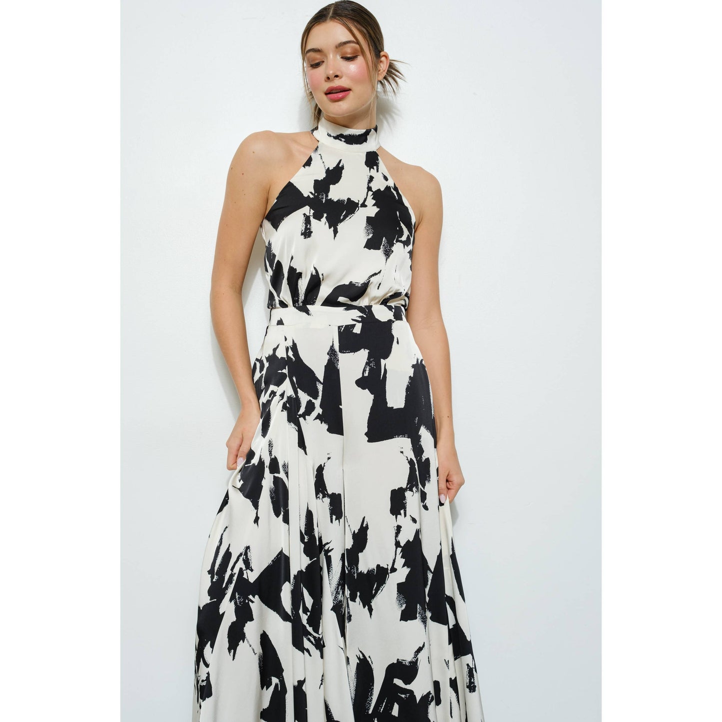 Abstract Print Halter Neck Wide-Leg Jumpsuit