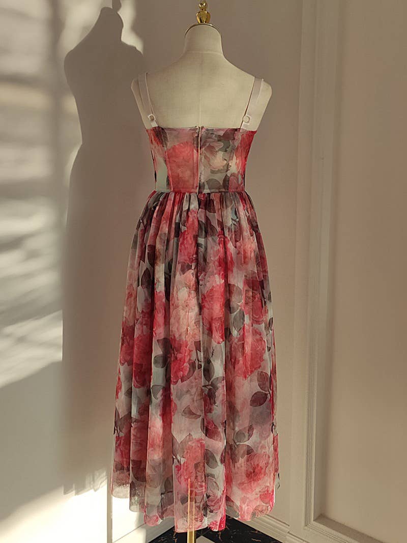 Floral Mesh Suspender Dress - Slim Waist A-Line Swing