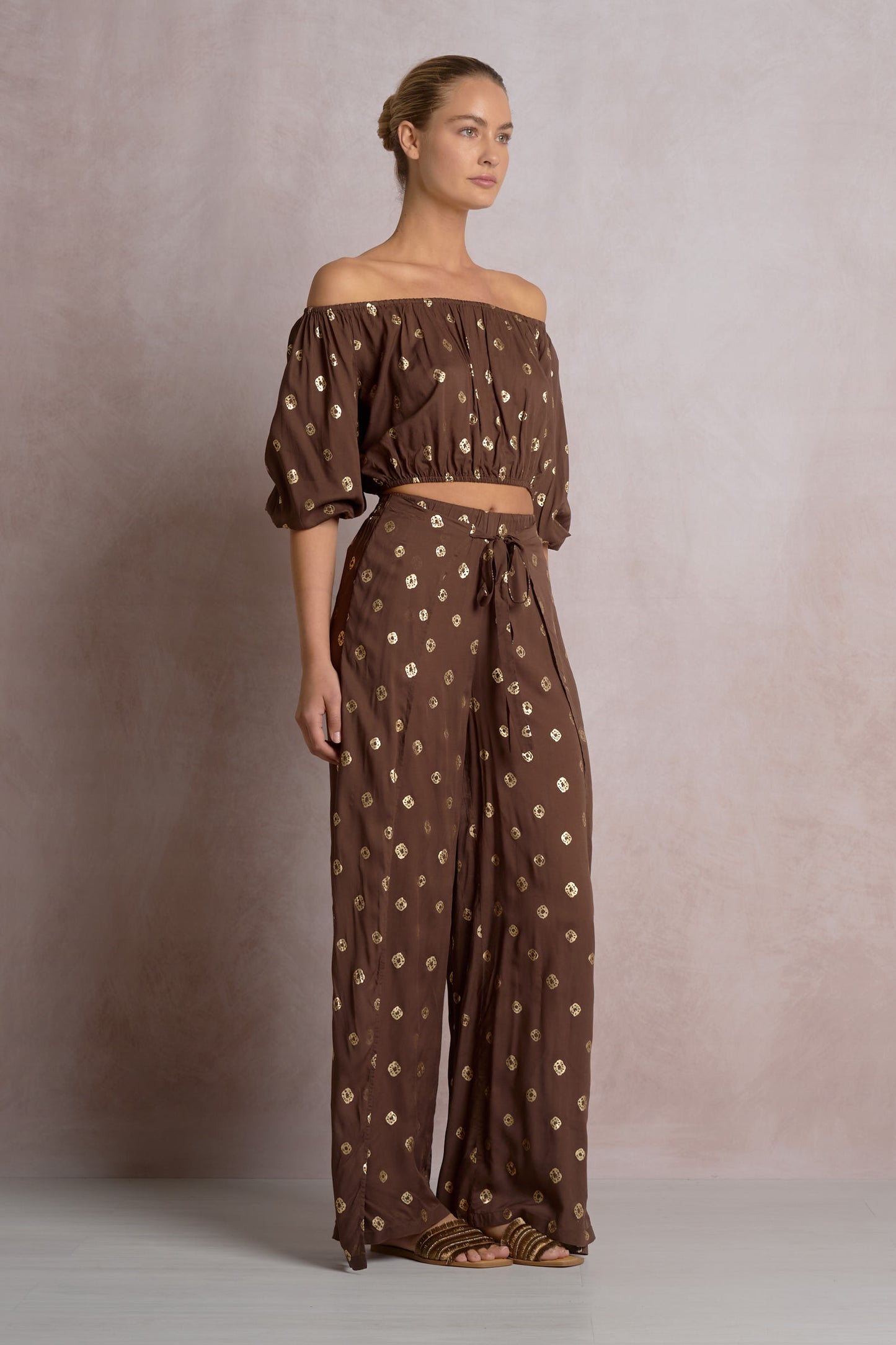 Elan 3/4 Sleeve Off Shoulder Gold Detail Top