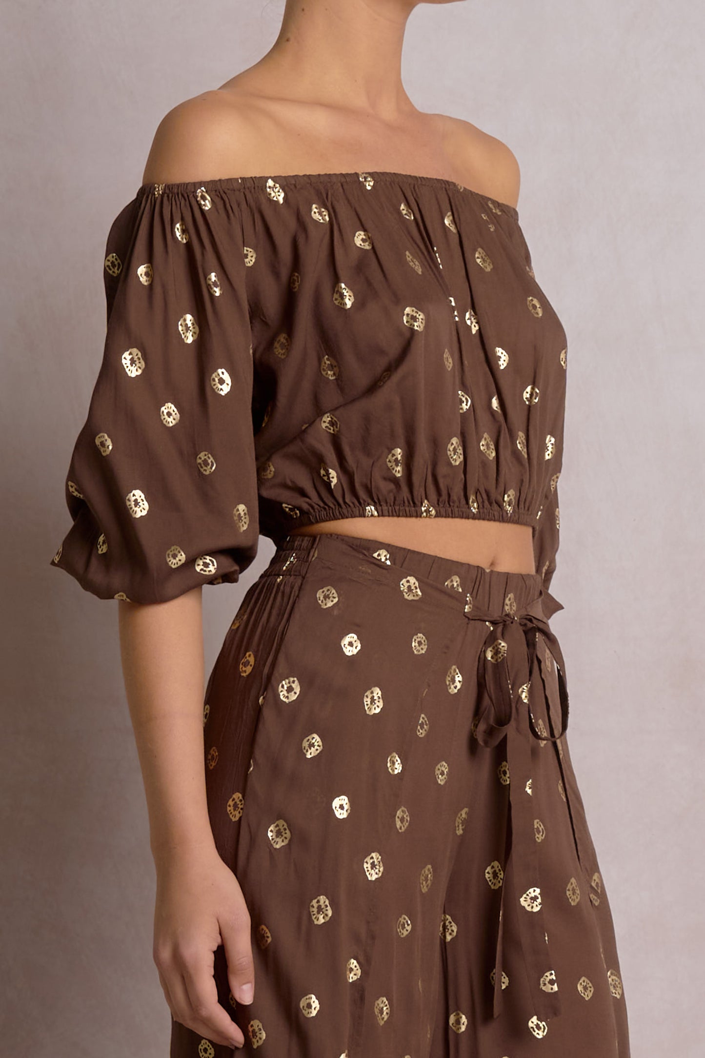 Elan 3/4 Sleeve Off Shoulder Gold Detail Top