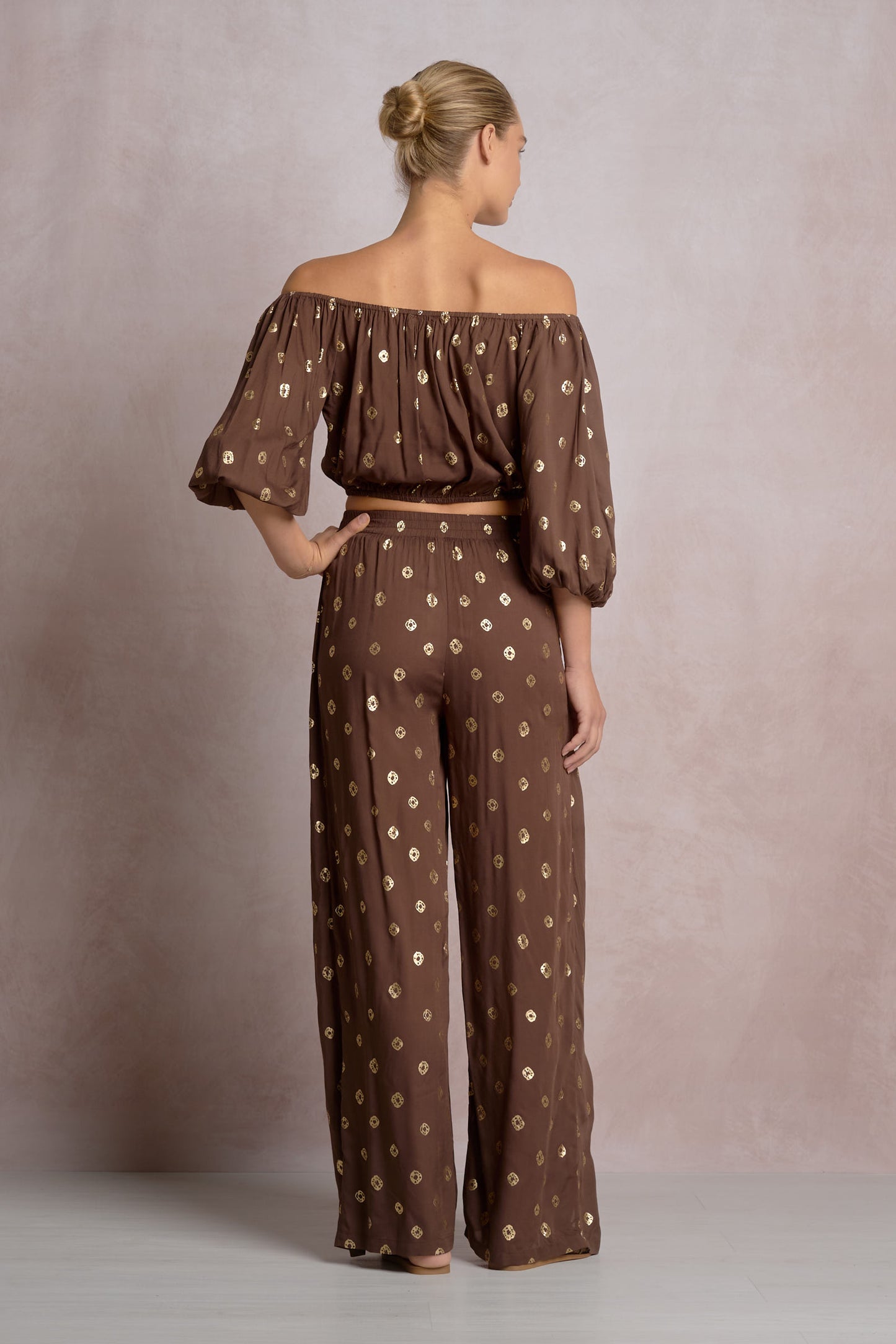 Elan 3/4 Sleeve Off Shoulder Gold Detail Top