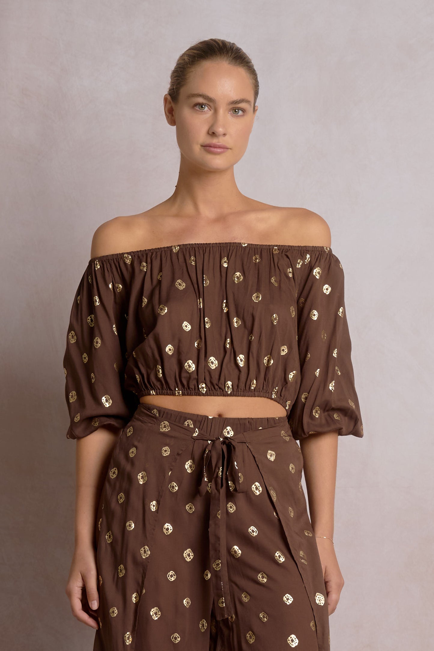 Elan 3/4 Sleeve Off Shoulder Gold Detail Top