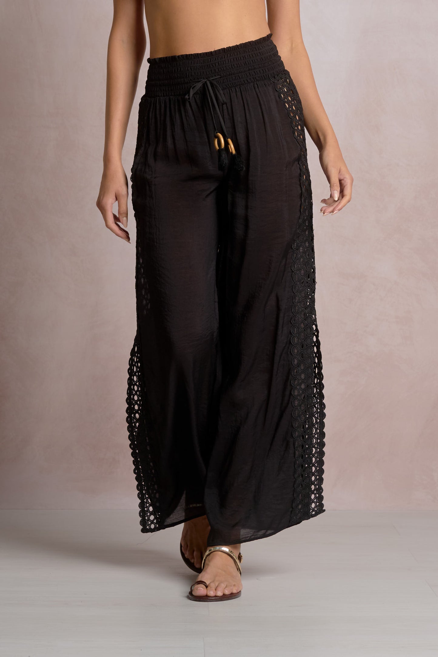 Elan Crochet Trimmed Elastic Waist w/ Slit Pants