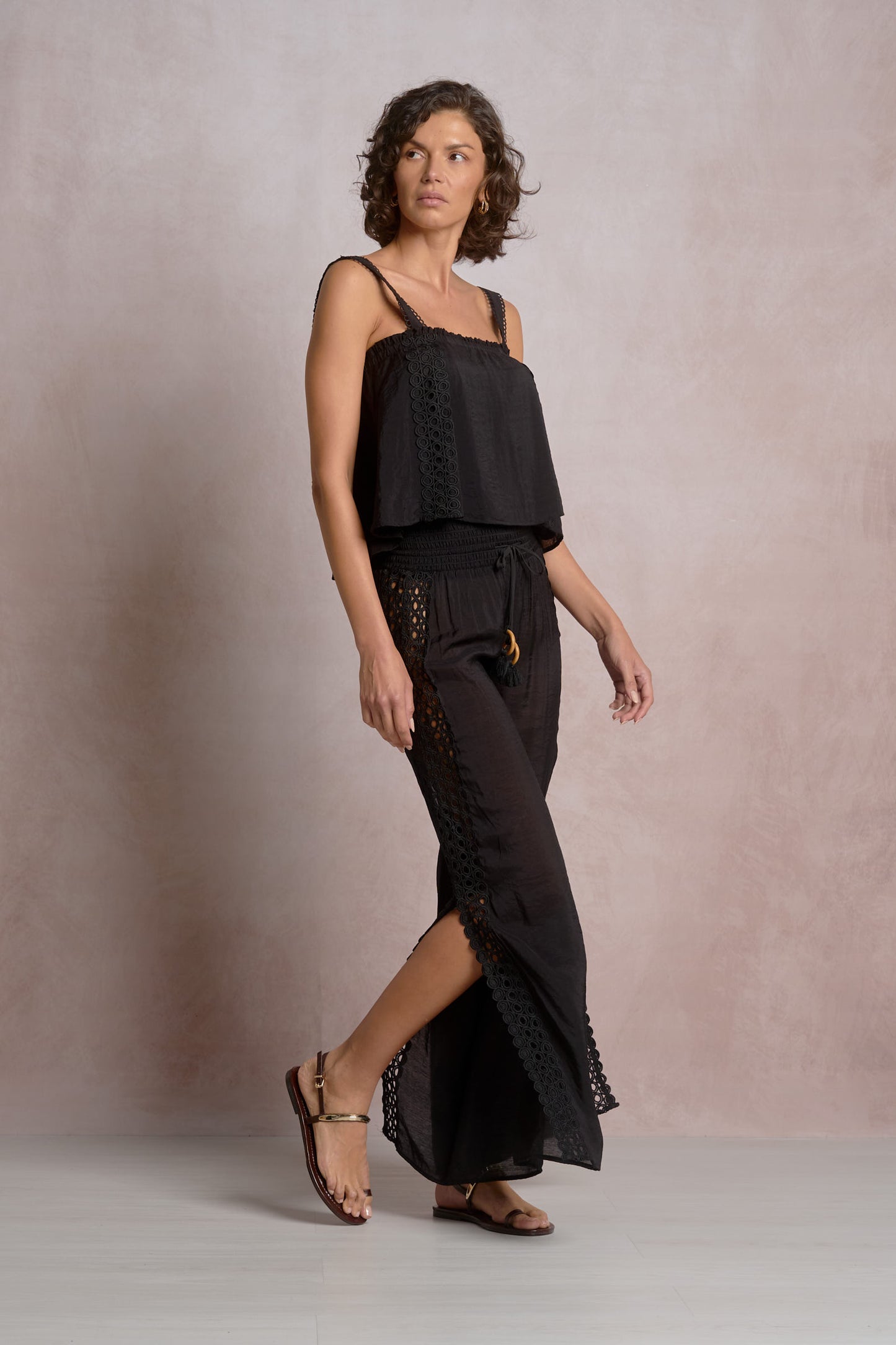 Elan Crochet Trimmed Elastic Waist w/ Slit Pants