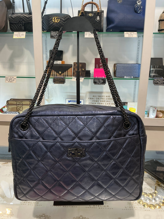Chanel 2.55 Blue Metallic Leather and Black Chain Shoulder Bag - Luxury Pre-owned