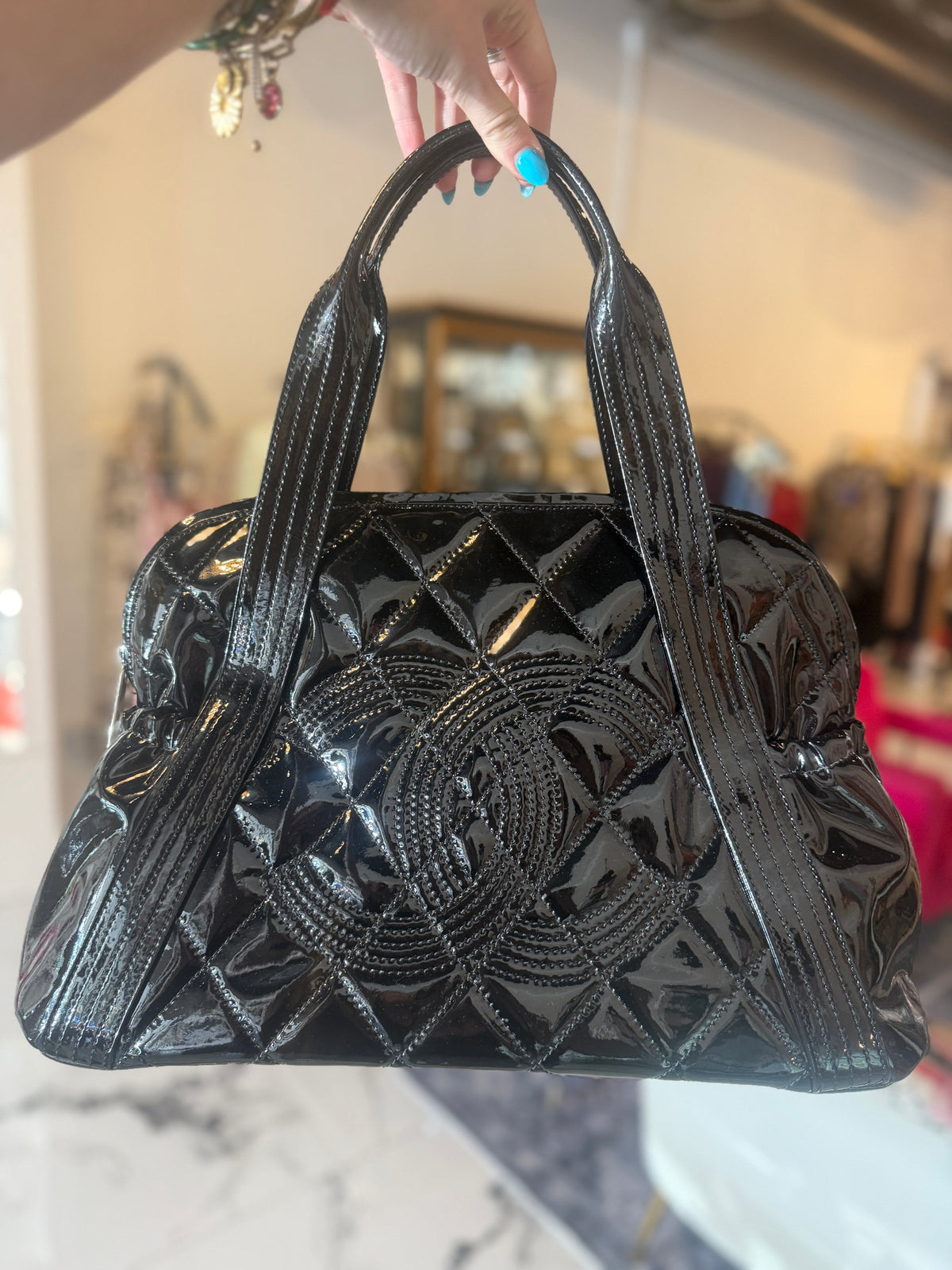 Chanel Vintage Quilted Black Patent Leather Bowler Bag | Luxury Pre-Owned | #103