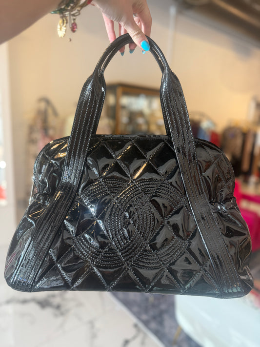 Chanel Vintage Quilted Black Patent Leather Bowler Bag | Luxury Pre-Owned | #103
