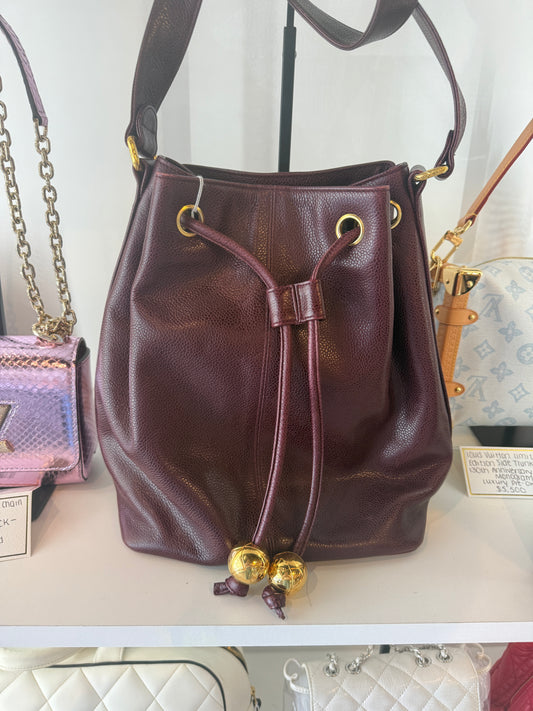 Vintage Chanel Burgundy Caviar Logo Bucket Bag | Luxury Pre-Owned | #143