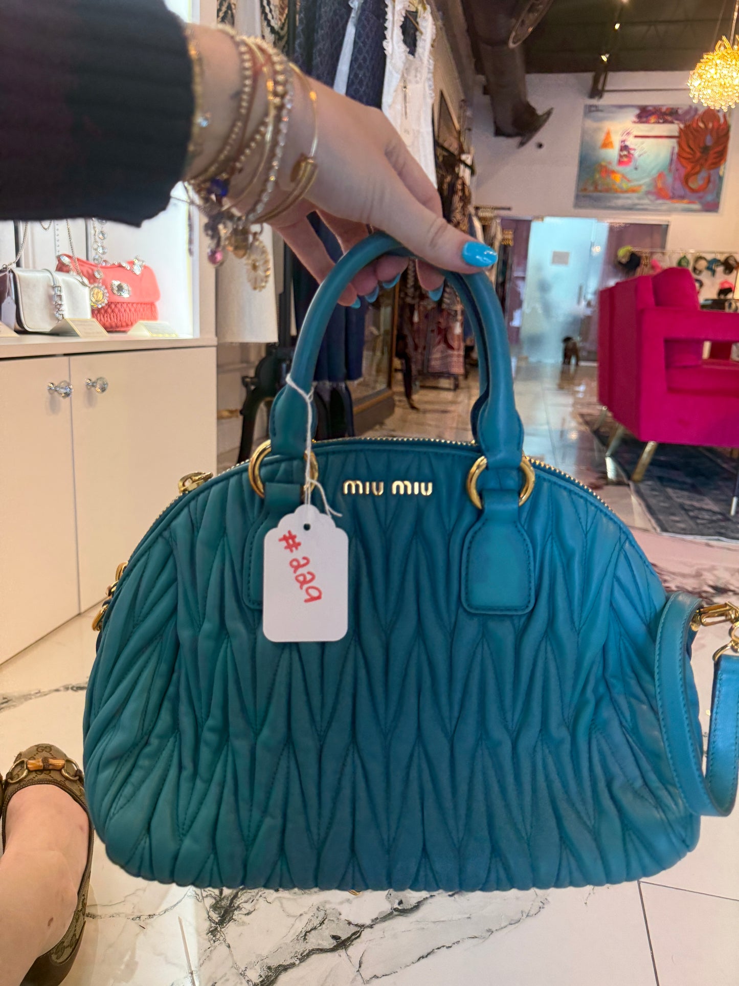Miu Miu Turquoise Matelasse Leather Satchel | Luxury Pre-Owned | #229
