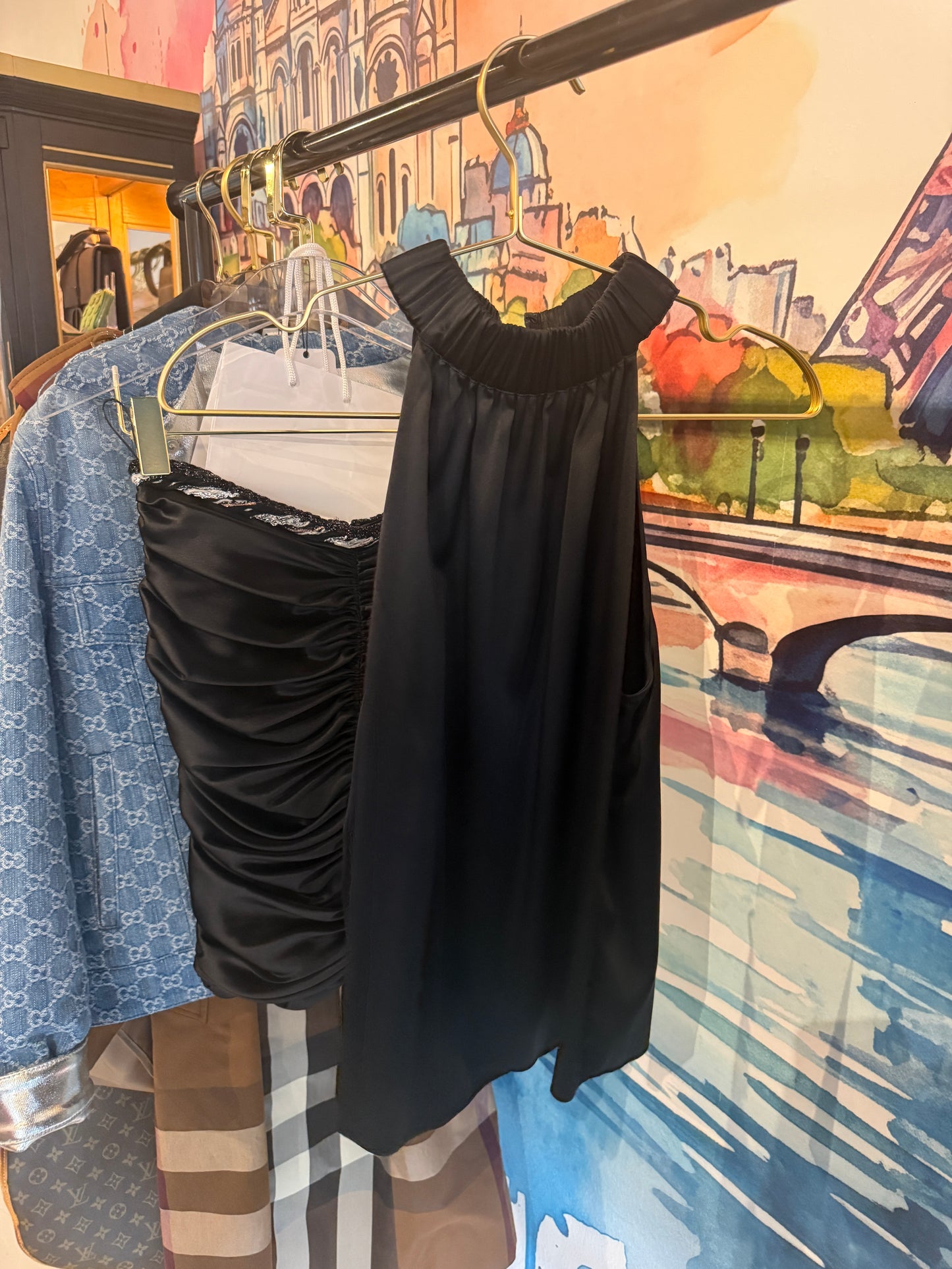 FRAME Black Satin Ruched Halter Neck Top | Luxury Pre-Owned