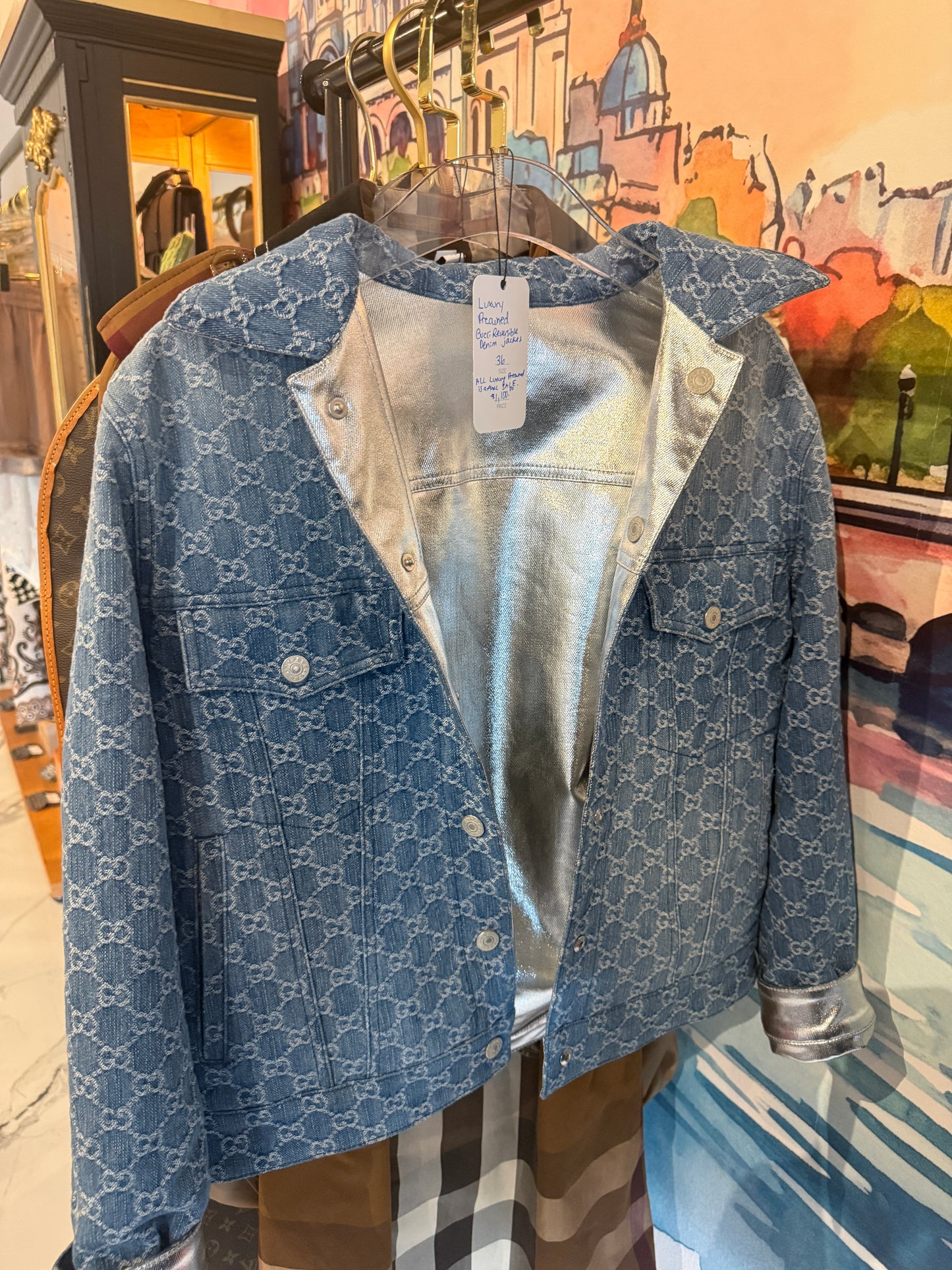 Gucci Reversible GG Monogram Denim & Metallic Silver Jacket | Luxury Pre-Owned