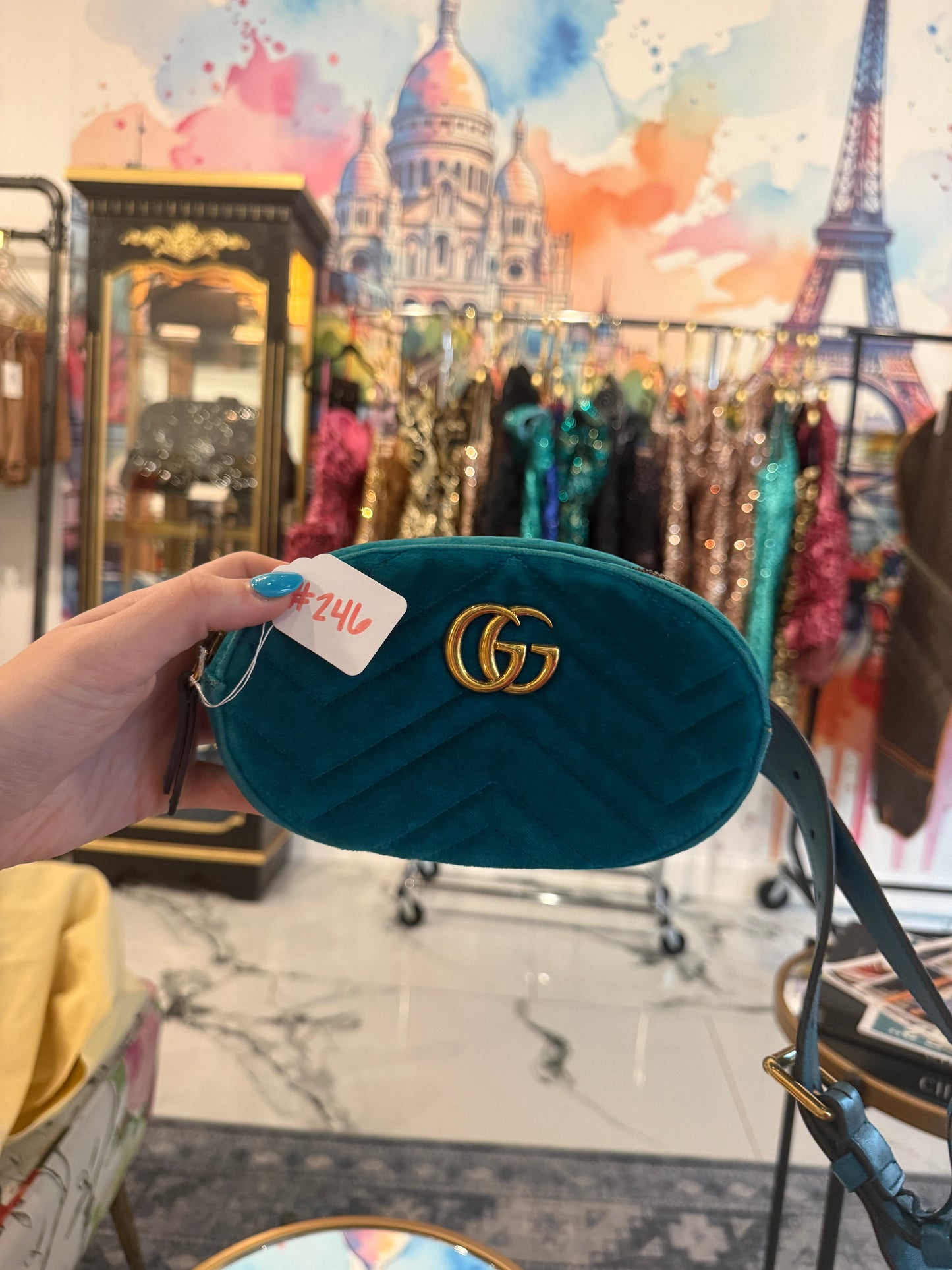 Gucci GG Marmont Matelassé Velvet Belt Bag Pavone Cyan | Luxury Pre-Owned | #246