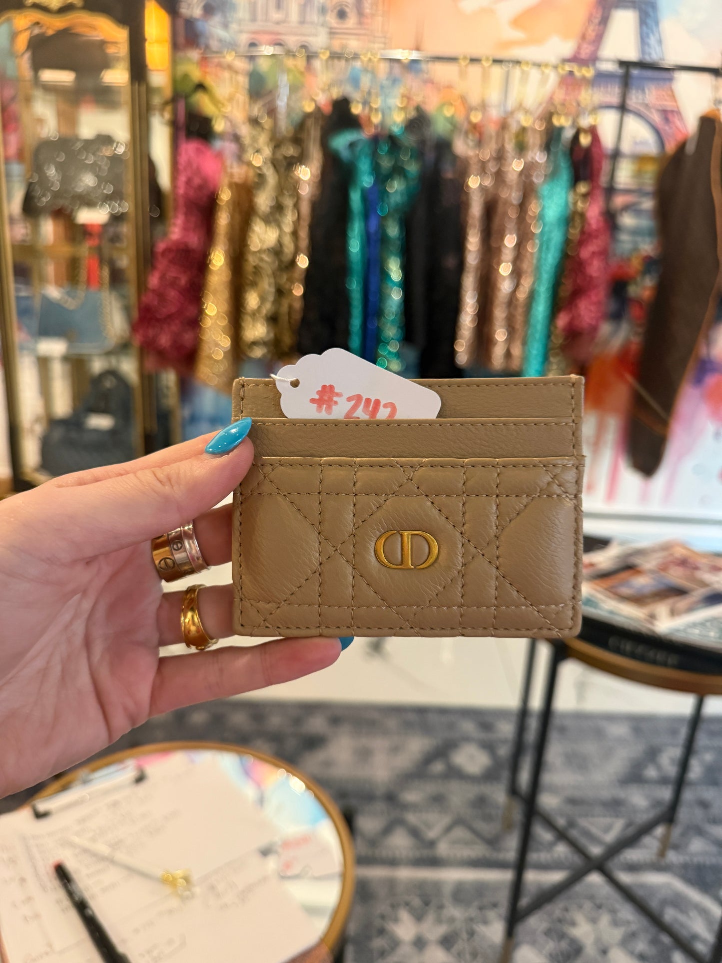 Dior Caro Freesia Card Holder Powder Beige Cannage Calfskin | Luxury Pre-Owned | #242