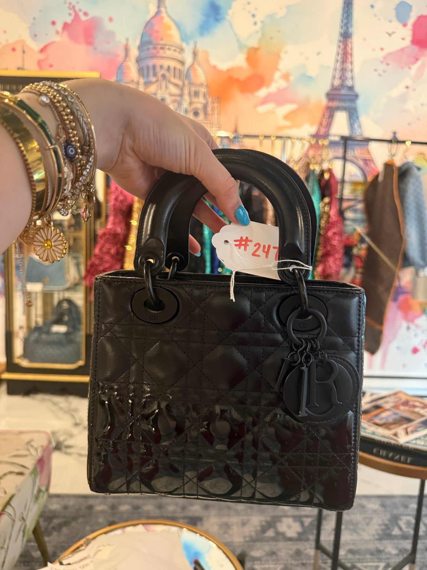 Christian Dior Small Lady Dior in Matte & Patent Black Cannage Leather | Luxury Pre-Owned | #247
