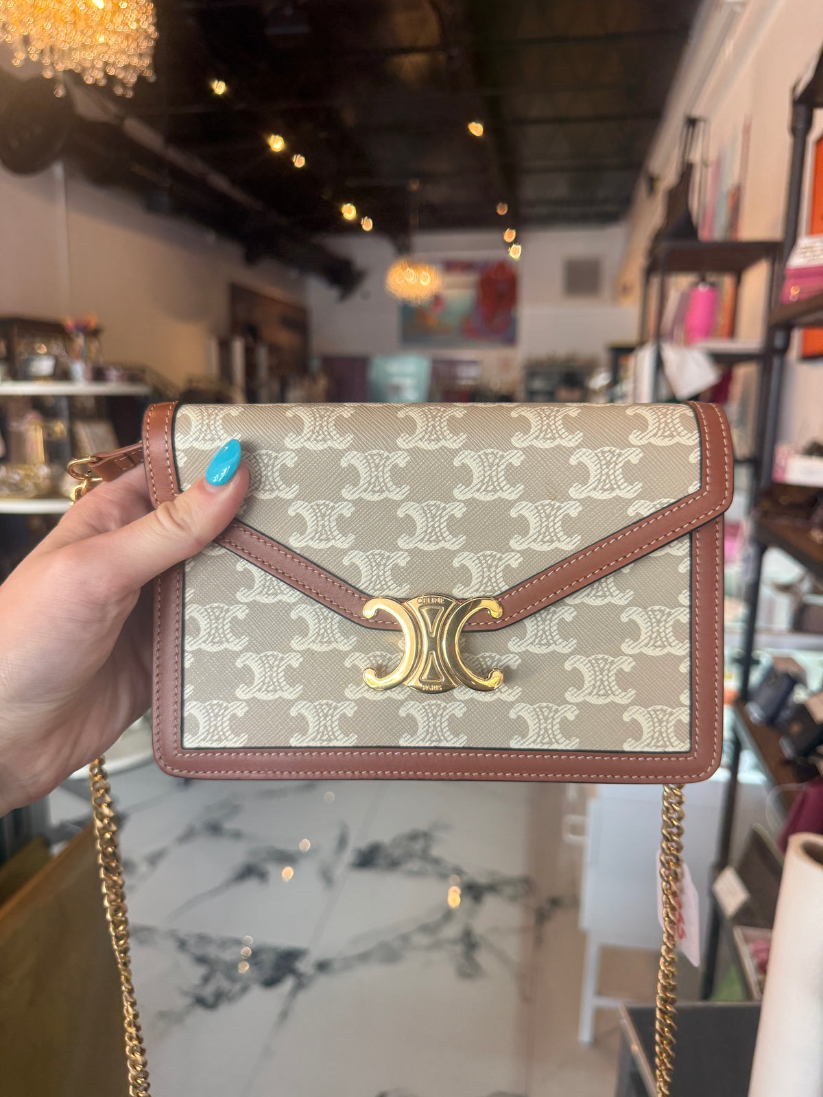Celine Triomphe Canvas Chain Shoulder Bag in Beige & Tan | Luxury Pre-Owned | #255